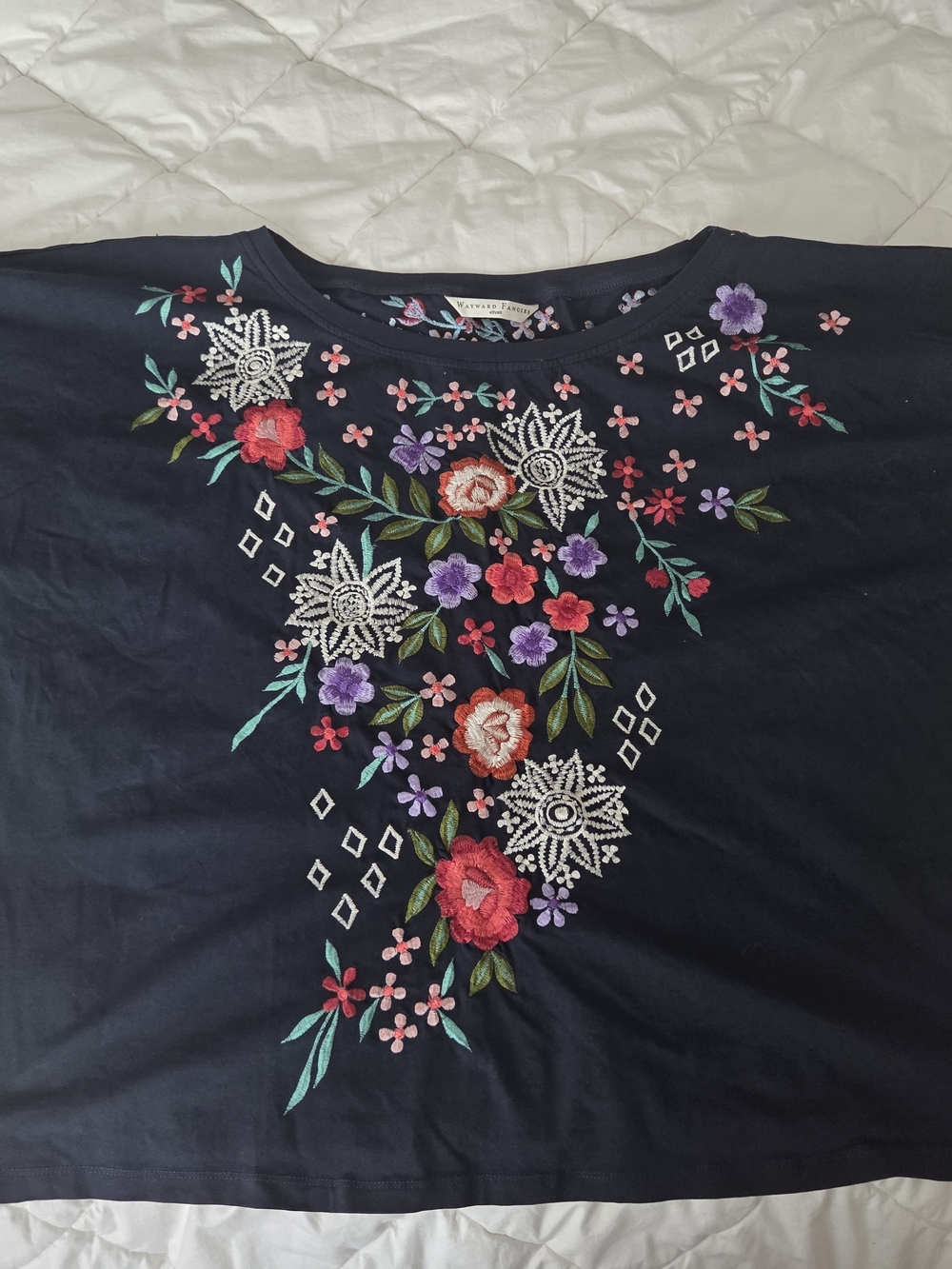 Embroidered Floral Navy Short-Sleeve Top